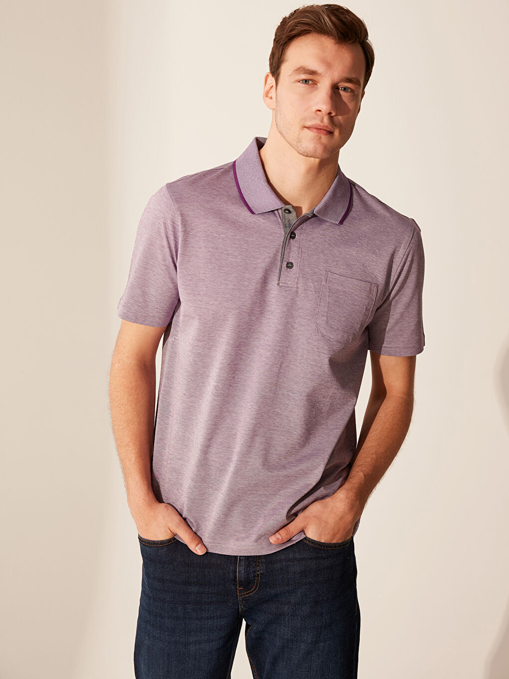 Mor Merserize Polo Yaka Kısa Kollu Erkek Tişört