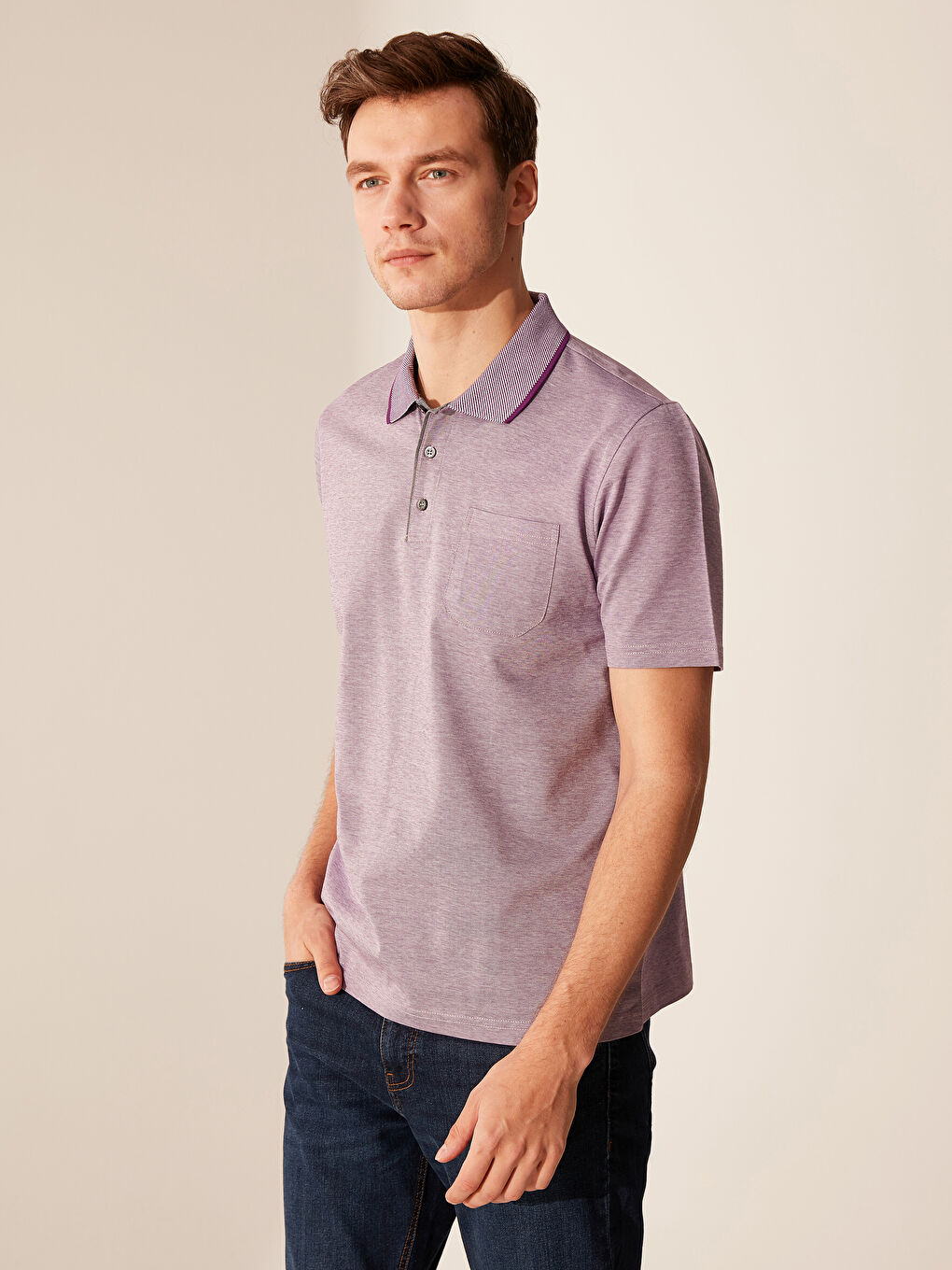Mor Merserize Polo Yaka Kısa Kollu Erkek Tişört-1