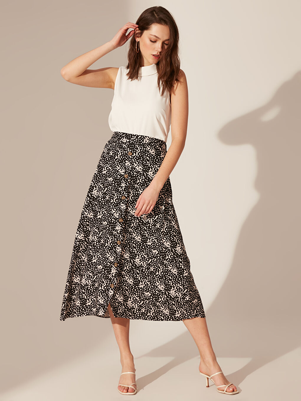 Bej Desenli Viskon Kloş Kadın Etek