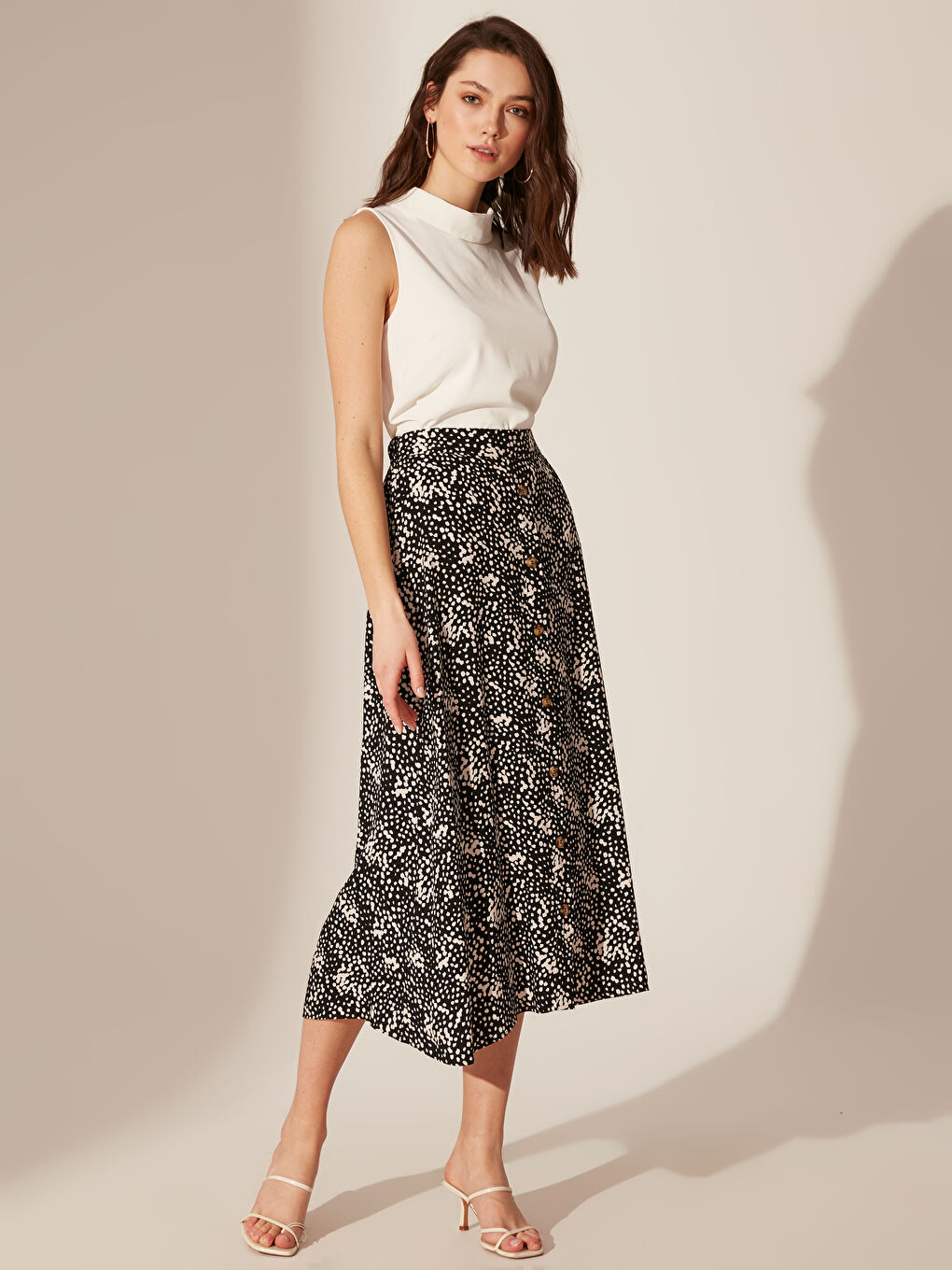 Bej Desenli Viskon Kloş Kadın Etek-1