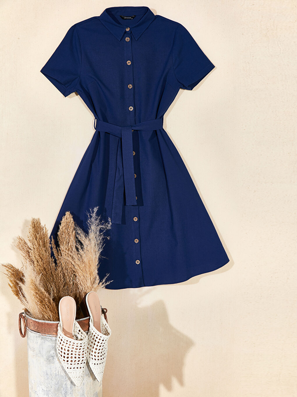 Lacivert Kuşaklı Kloş Kadın Gömlek Gömlek Elbise-1