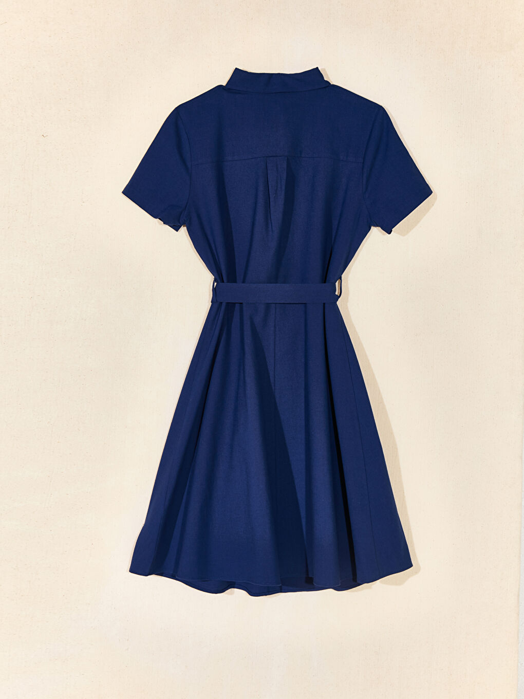 Lacivert Kuşaklı Kloş Kadın Gömlek Gömlek Elbise-5