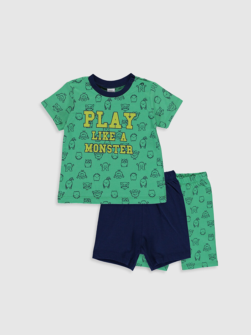 Yeşil Bisiklet Yaka Baskılı Kısa Kollu Erkek Bebek Pijama Takımı 3'lü