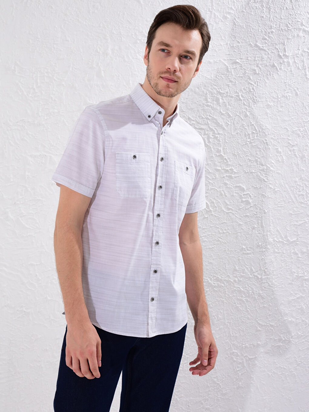 Gri Regular Fit Kısa Kollu Poplin Gömlek-1