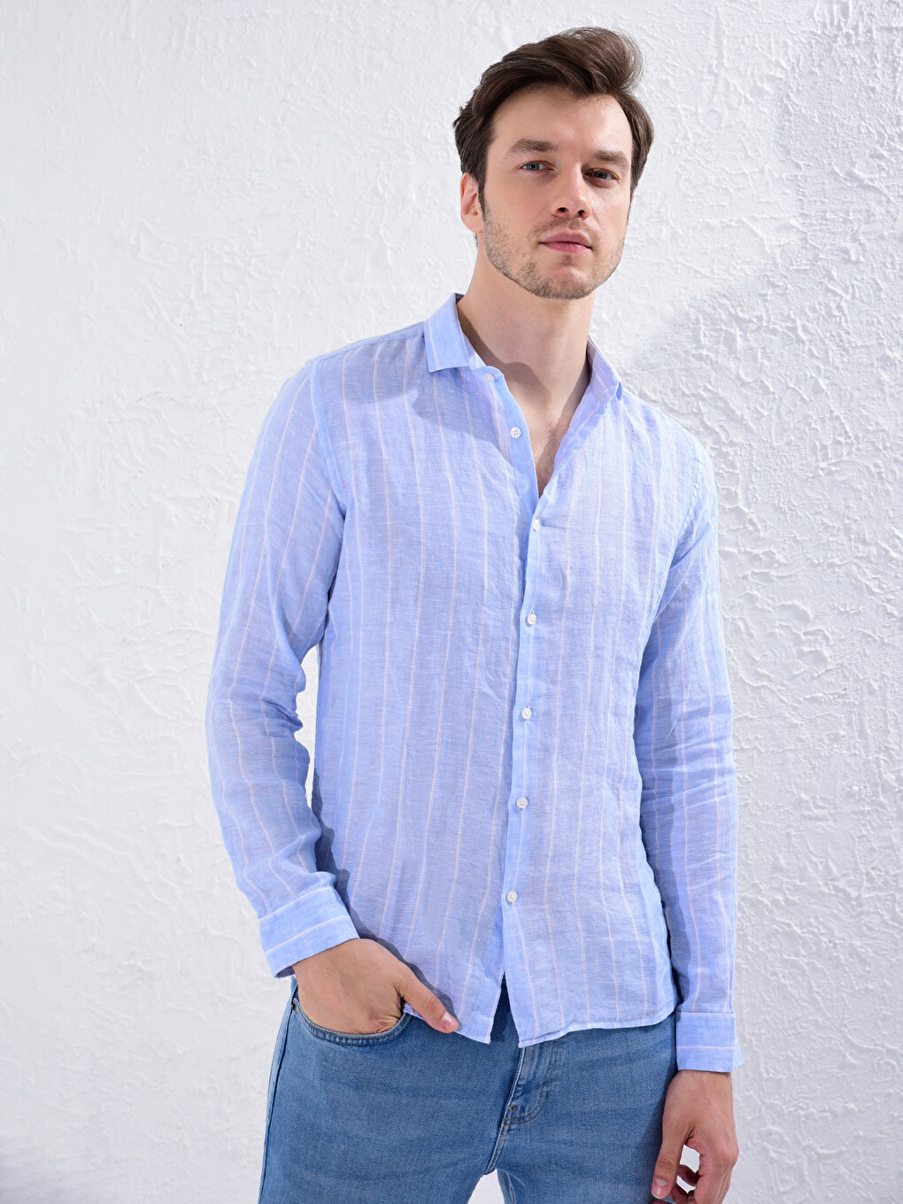 Mavi Slim Fit Çizgili Uzun Kollu Gömlek