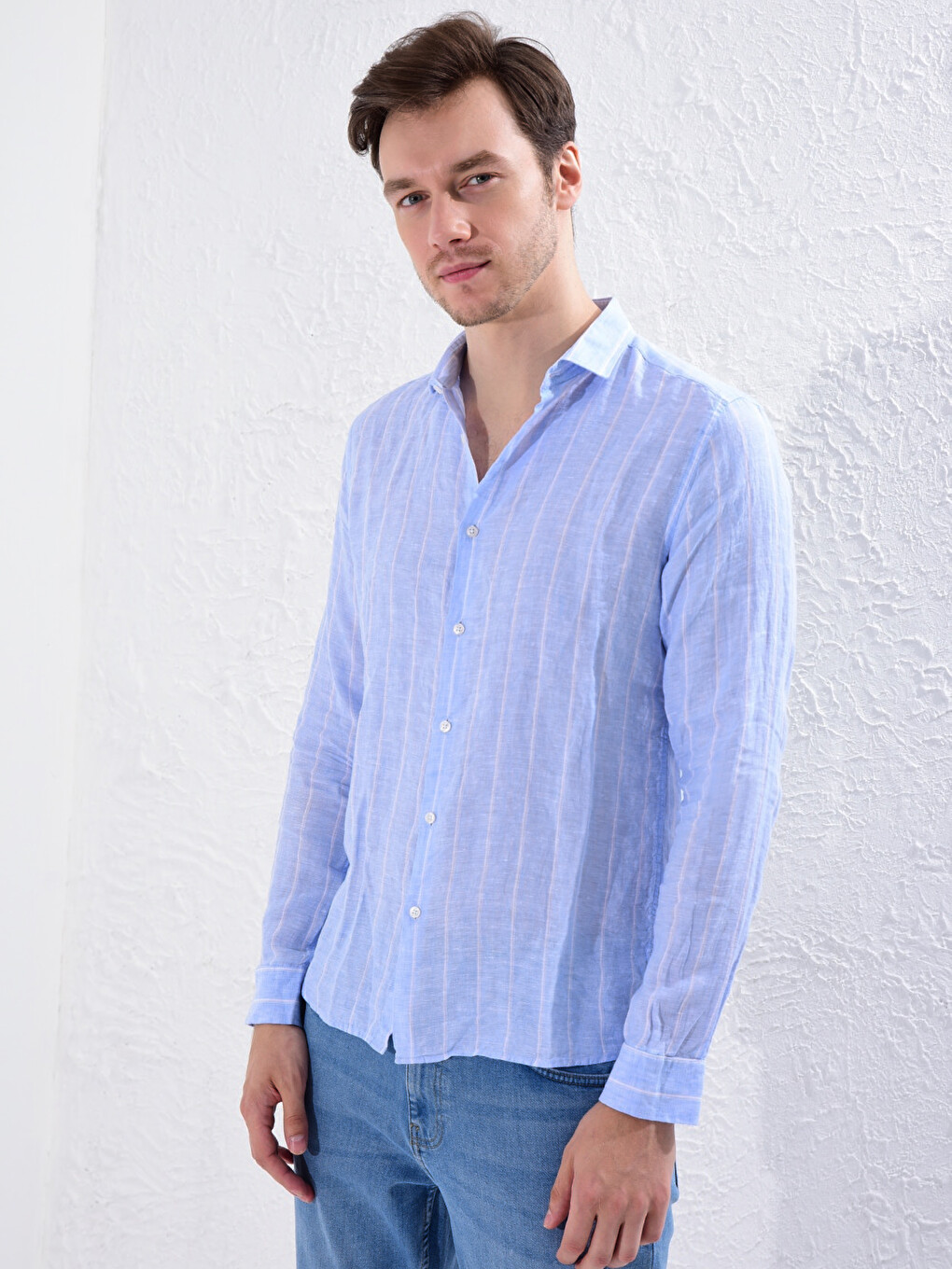 Mavi Slim Fit Çizgili Uzun Kollu Gömlek-1