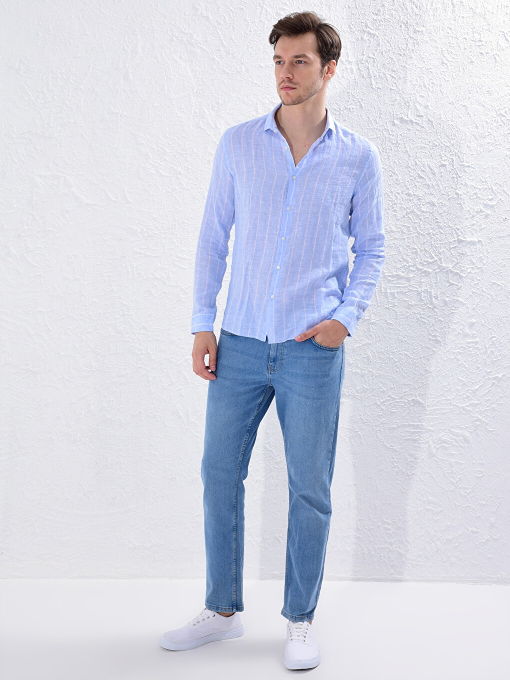 Mavi Slim Fit Çizgili Uzun Kollu Gömlek-2