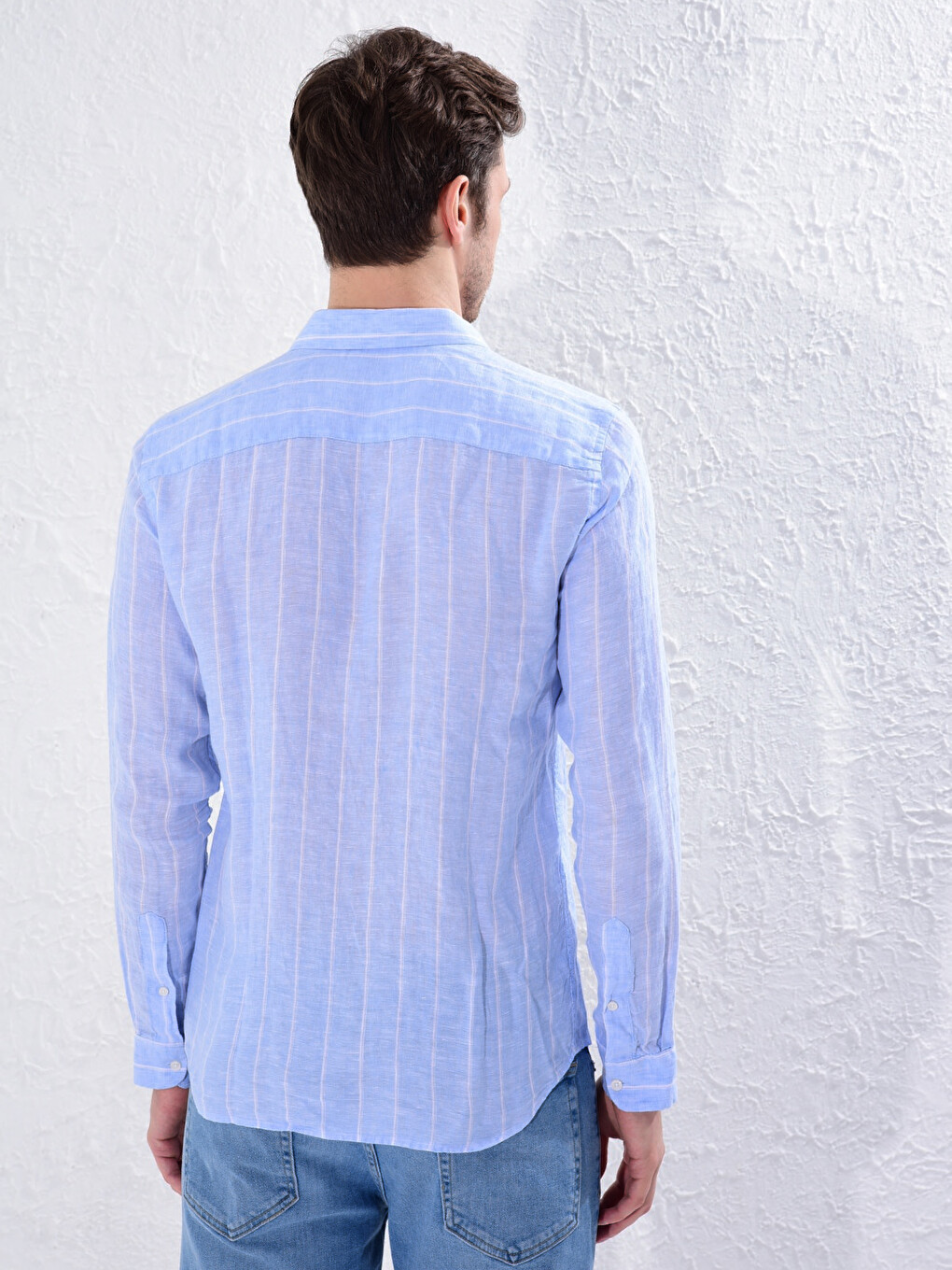 Mavi Slim Fit Çizgili Uzun Kollu Gömlek-3