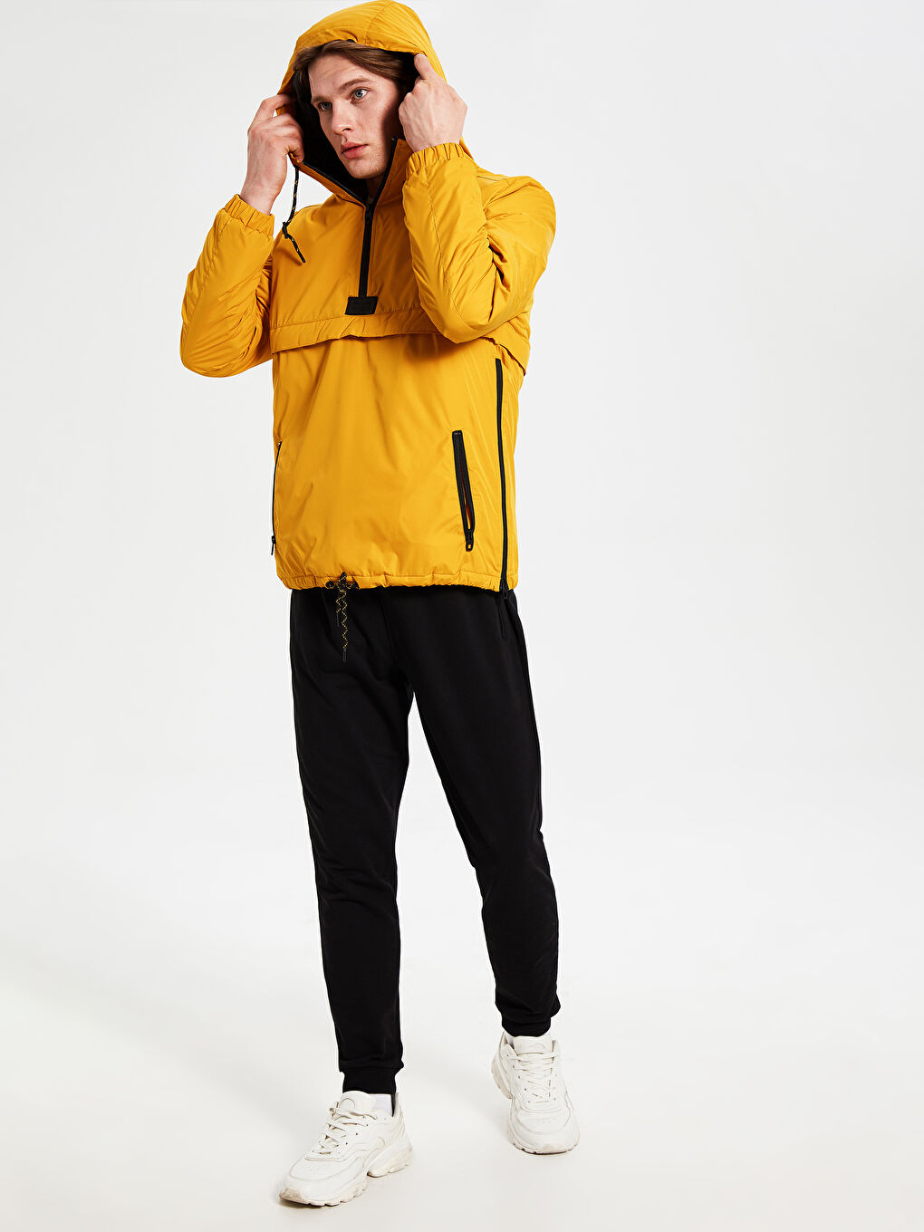 Sarı Slim Fit Kapüşonlu Erkek Kanguru Mont-2