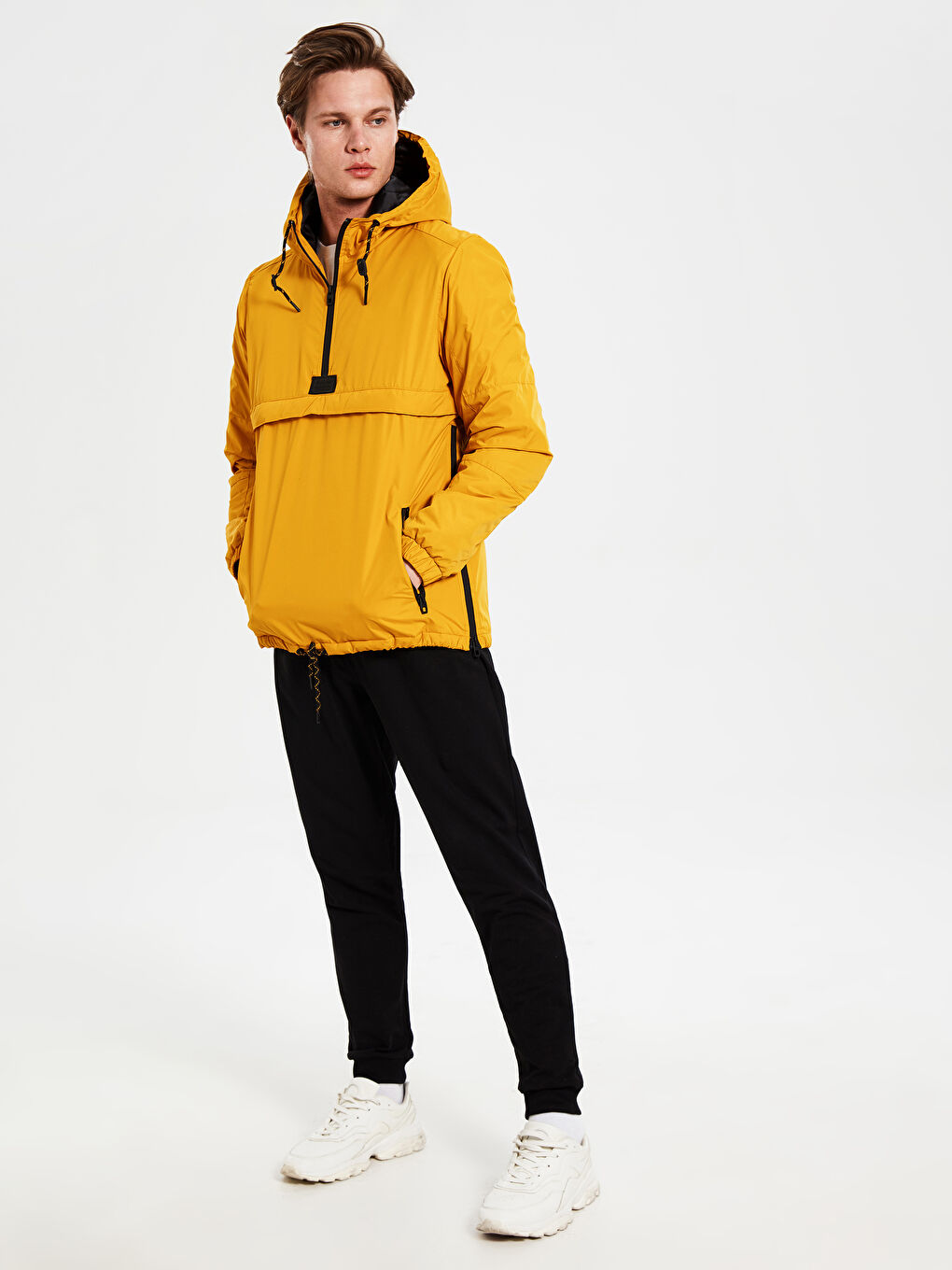 Sarı Slim Fit Kapüşonlu Erkek Kanguru Mont-3