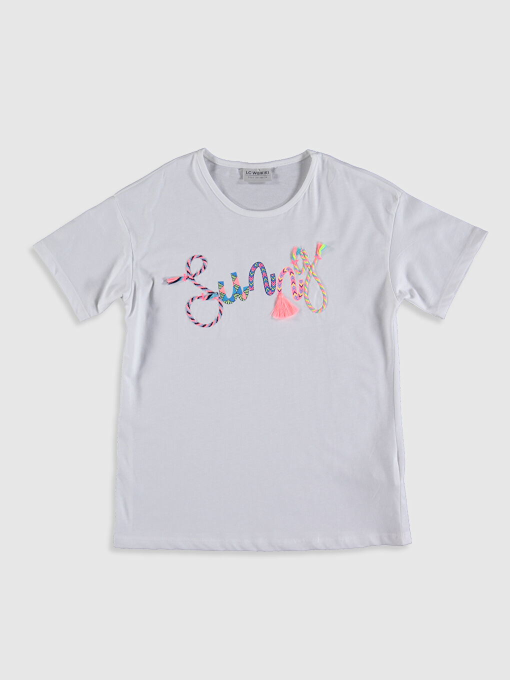 Beyaz Bisiklet Yaka Kısa Kollu Kız Çocuk Tişört