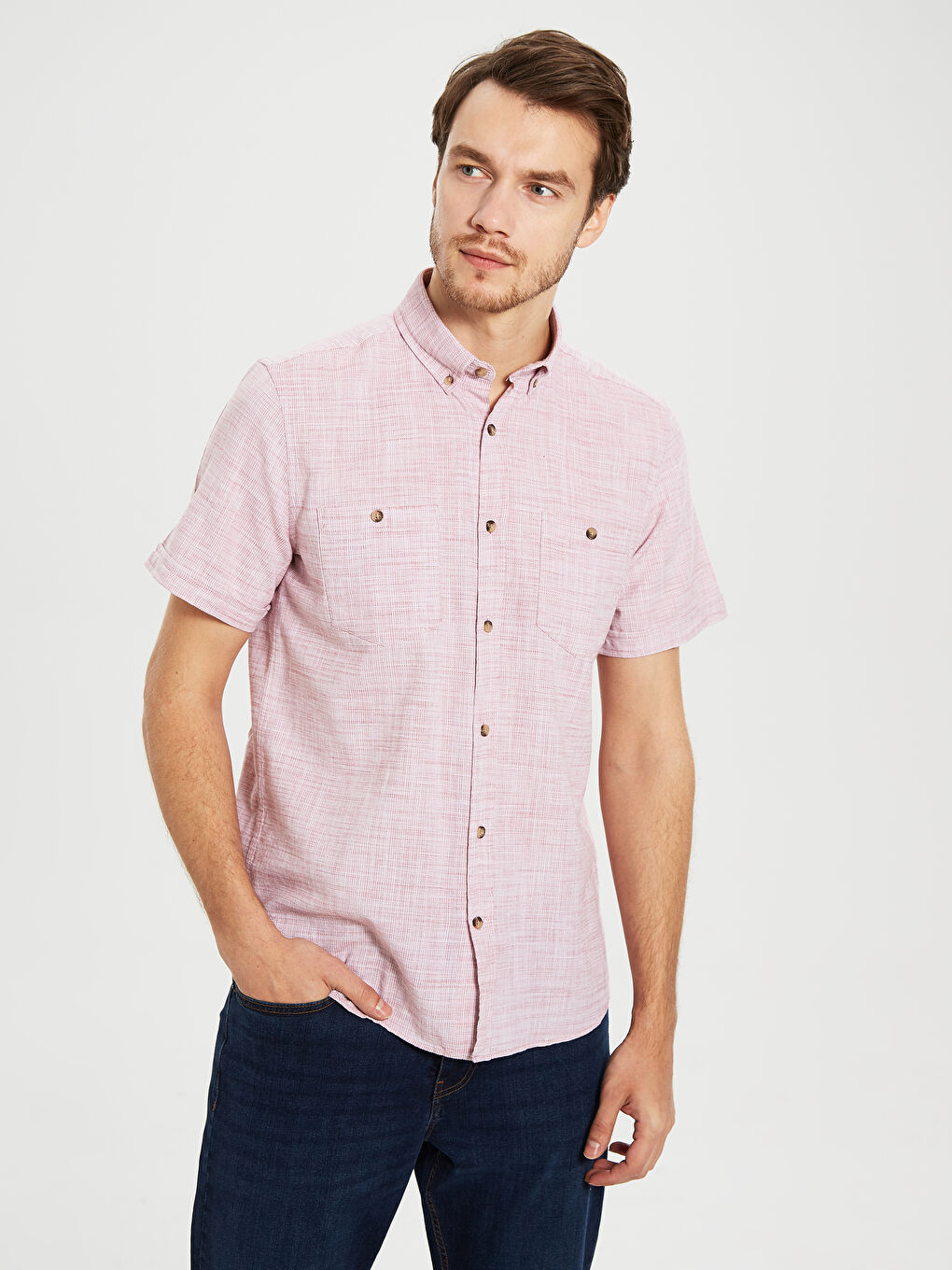 Kırmızı Regular Fit Kısa Kollu Armürlü Gömlek