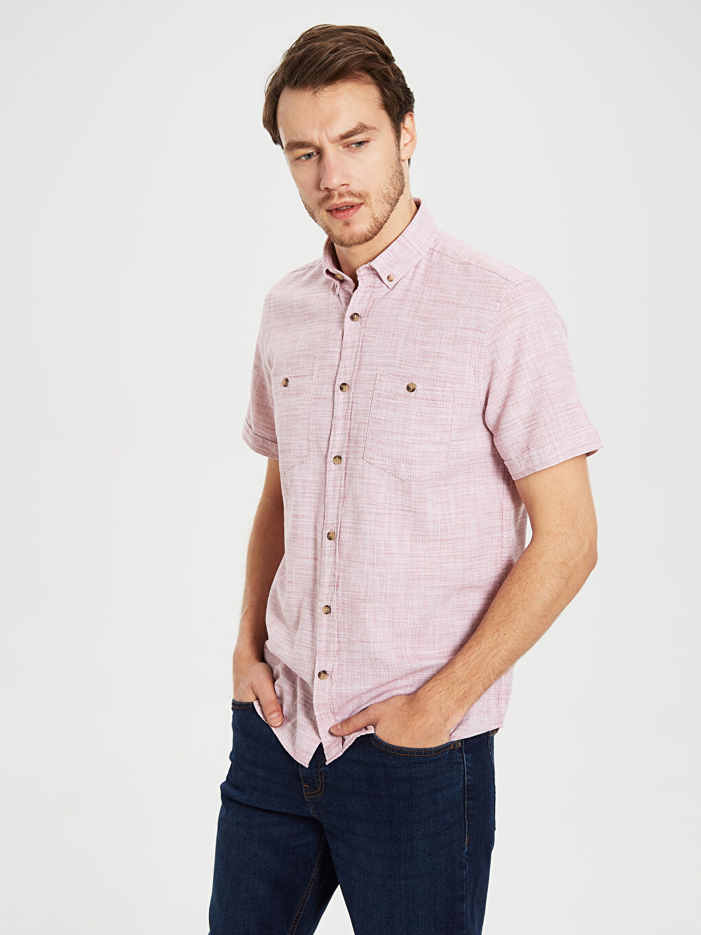 Kırmızı Regular Fit Kısa Kollu Armürlü Gömlek-2