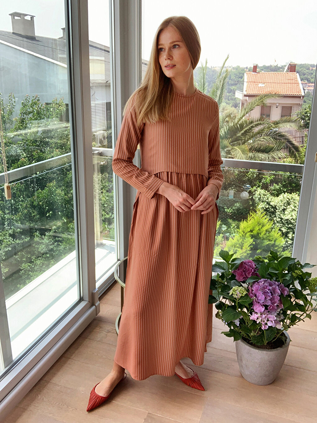 LCW Modest Striped Long Loose Viscose Dress -0SJ258Z8-DBN