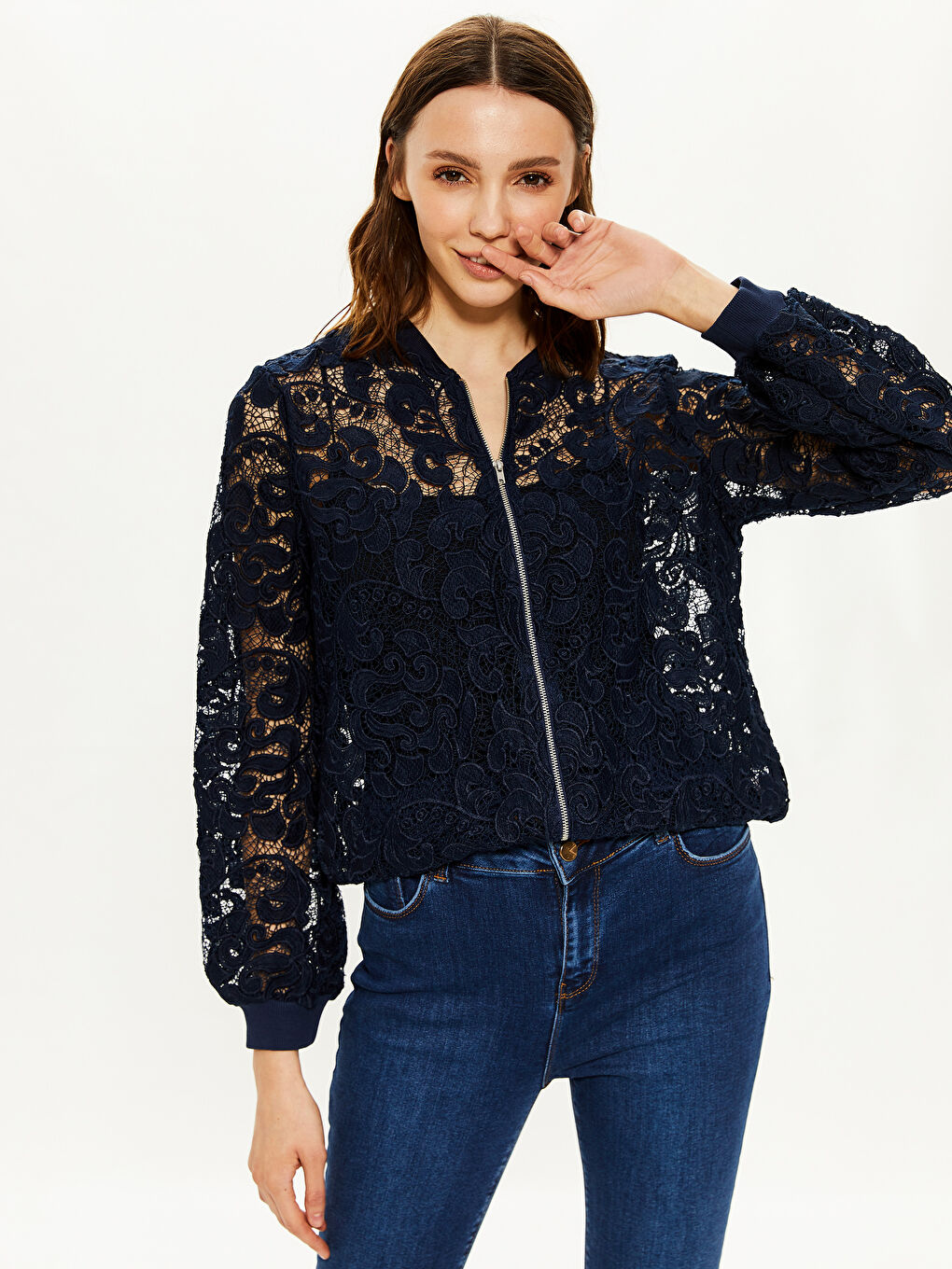 Damen Langarm Spitzen Strickjacke mit Reißverschluss