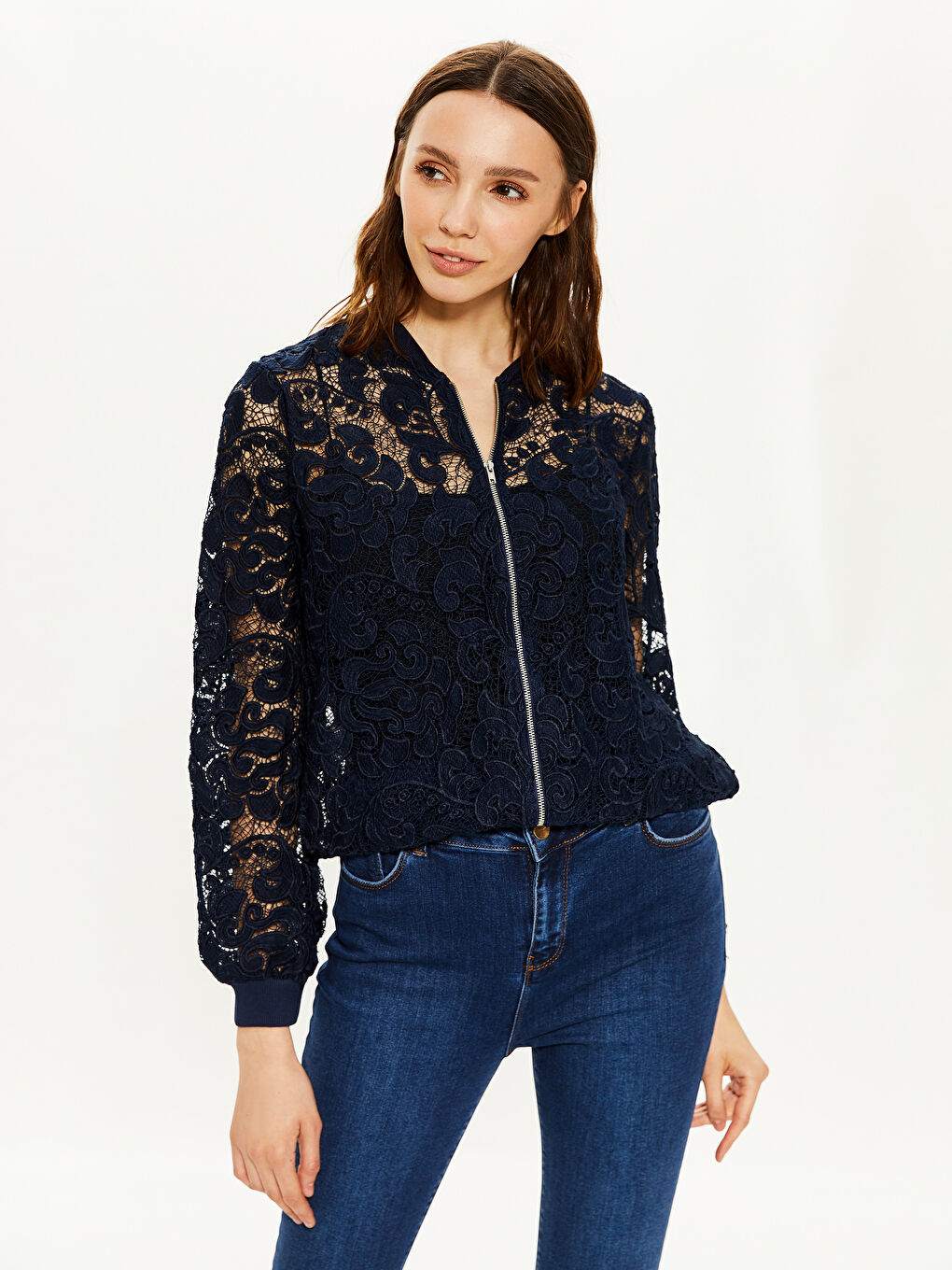 Damen Langarm Spitzen Strickjacke mit Reißverschluss-2