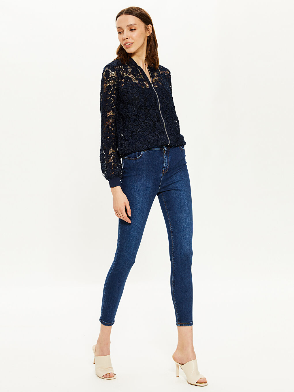 Damen Langarm Spitzen Strickjacke mit Reißverschluss-3