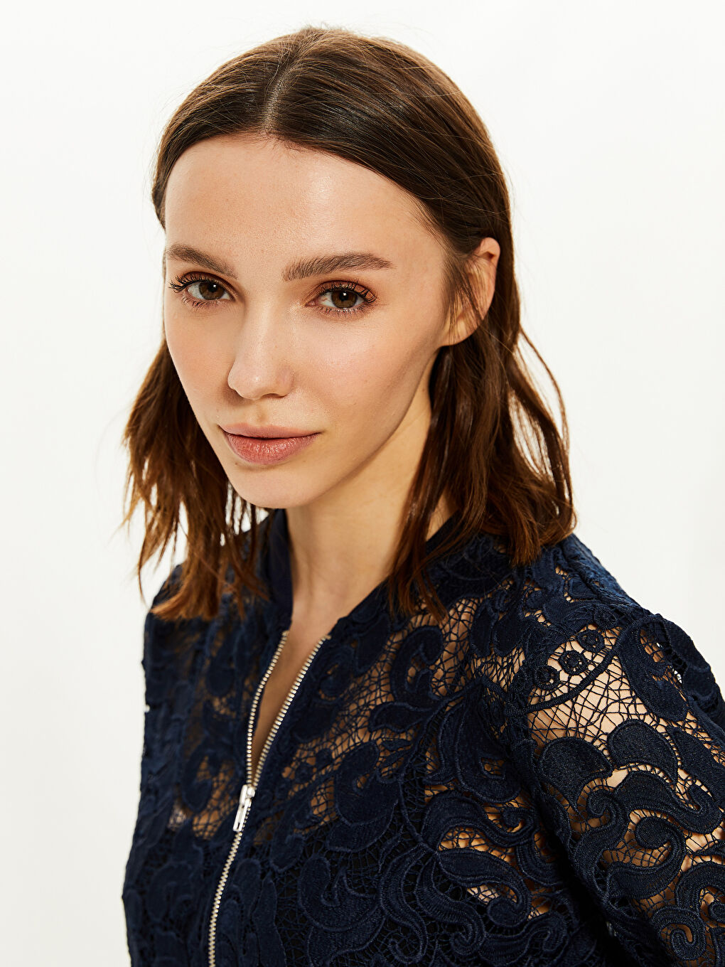 Damen Langarm Spitzen Strickjacke mit Reißverschluss-4