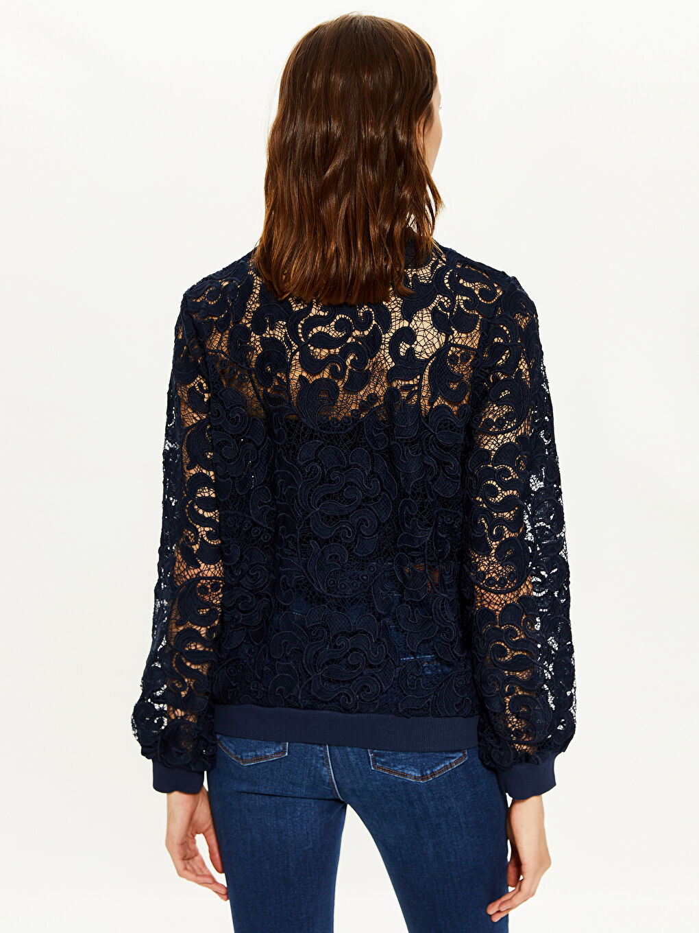 Damen Langarm Spitzen Strickjacke mit Reißverschluss-5