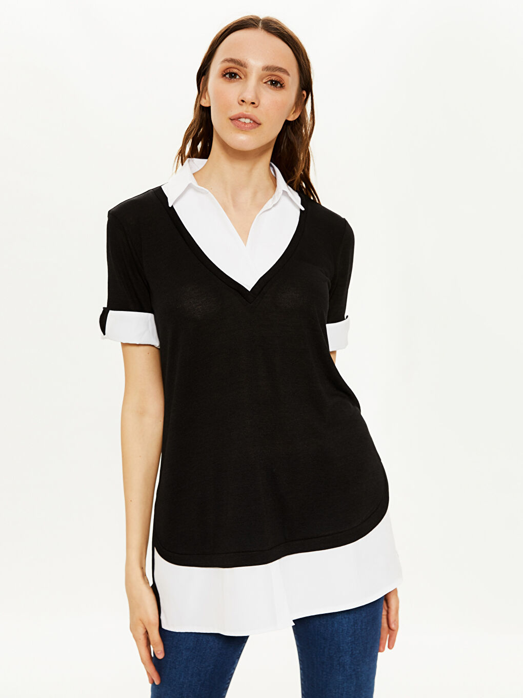 Siyah Gömlek Yaka Kısa Kollu Kadın Tişört-2