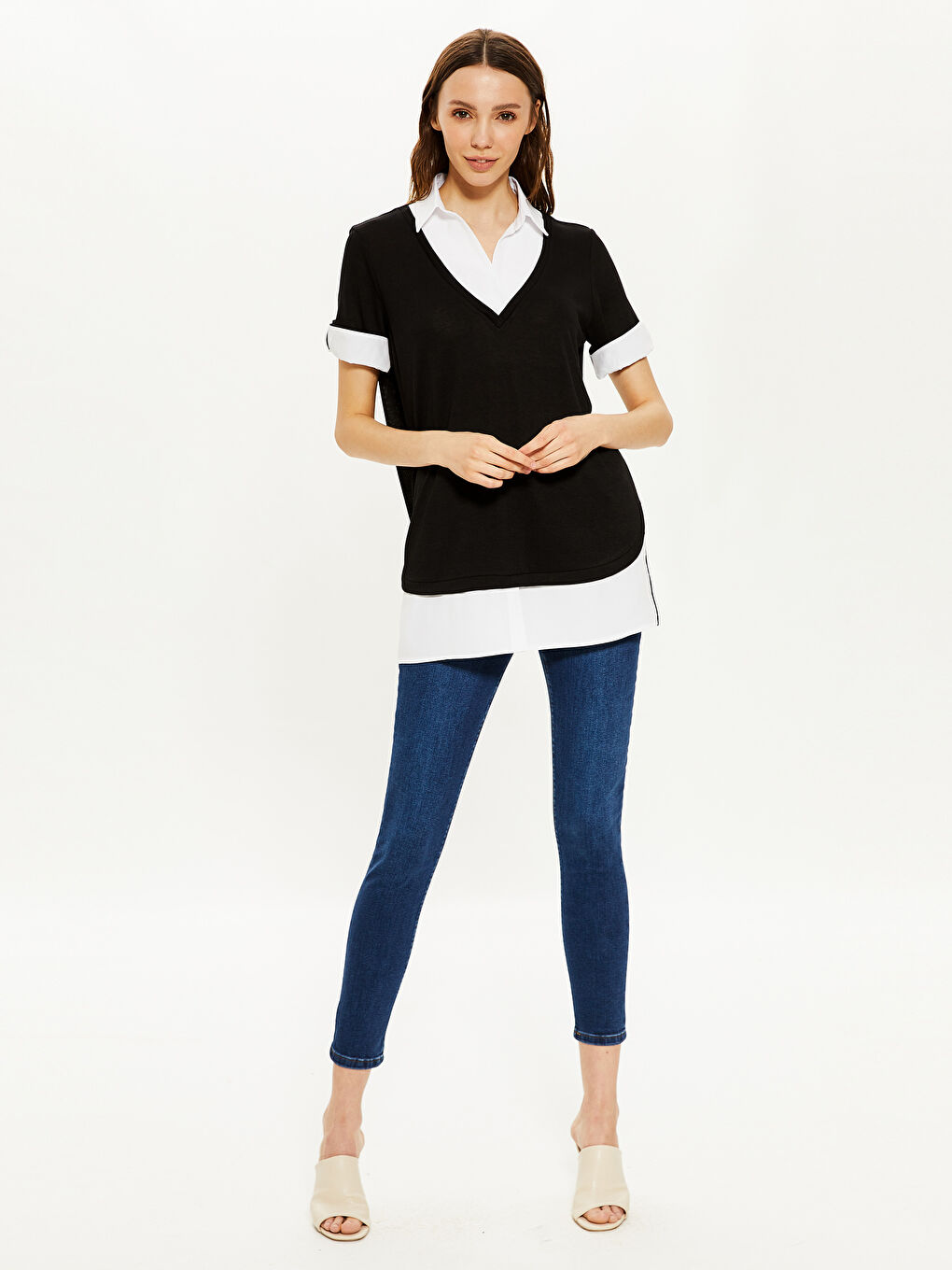 Siyah Gömlek Yaka Kısa Kollu Kadın Tişört-3