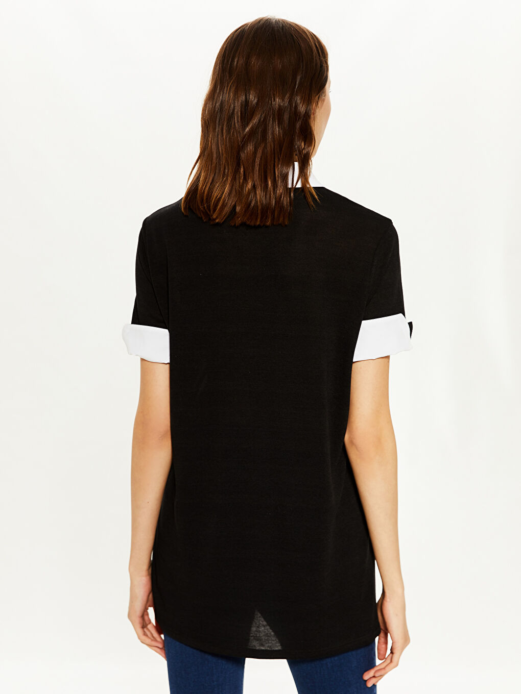Siyah Gömlek Yaka Kısa Kollu Kadın Tişört-5