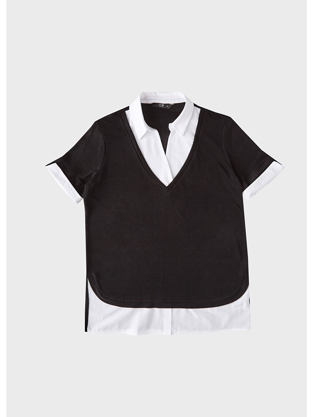 Siyah Gömlek Yaka Kısa Kollu Kadın Tişört-1