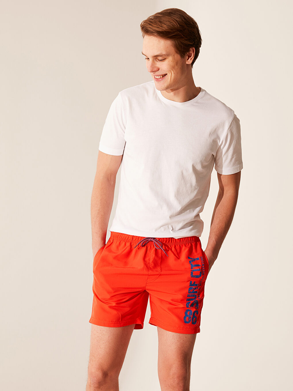 Turuncu Kısa Boy Baskılı Deniz Şortu-2