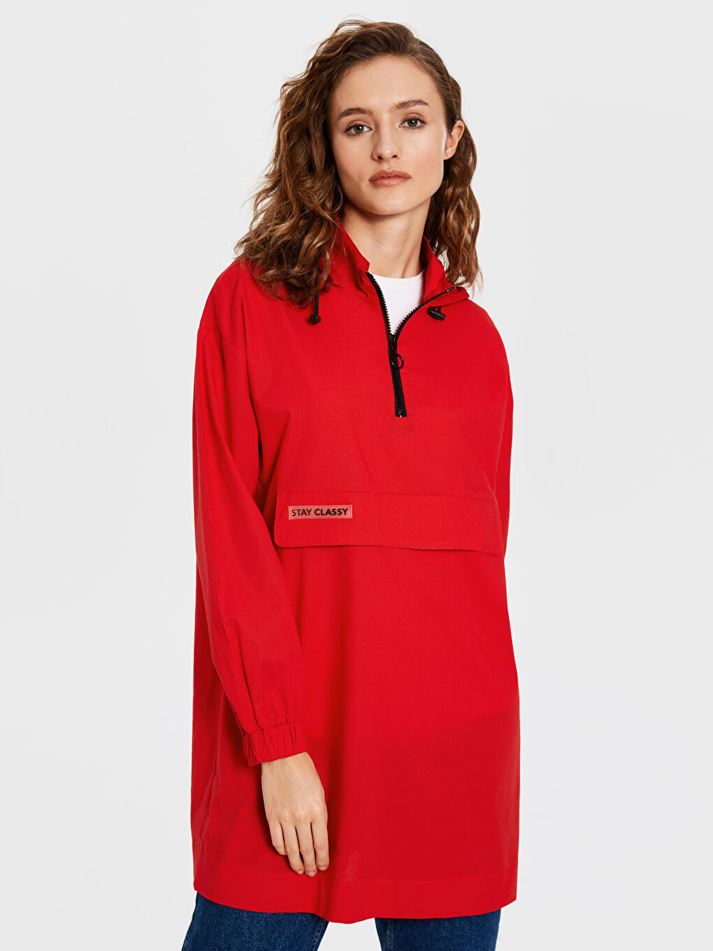 Stand Collar Long Sleeve Oversize Poplin Women's Tunic