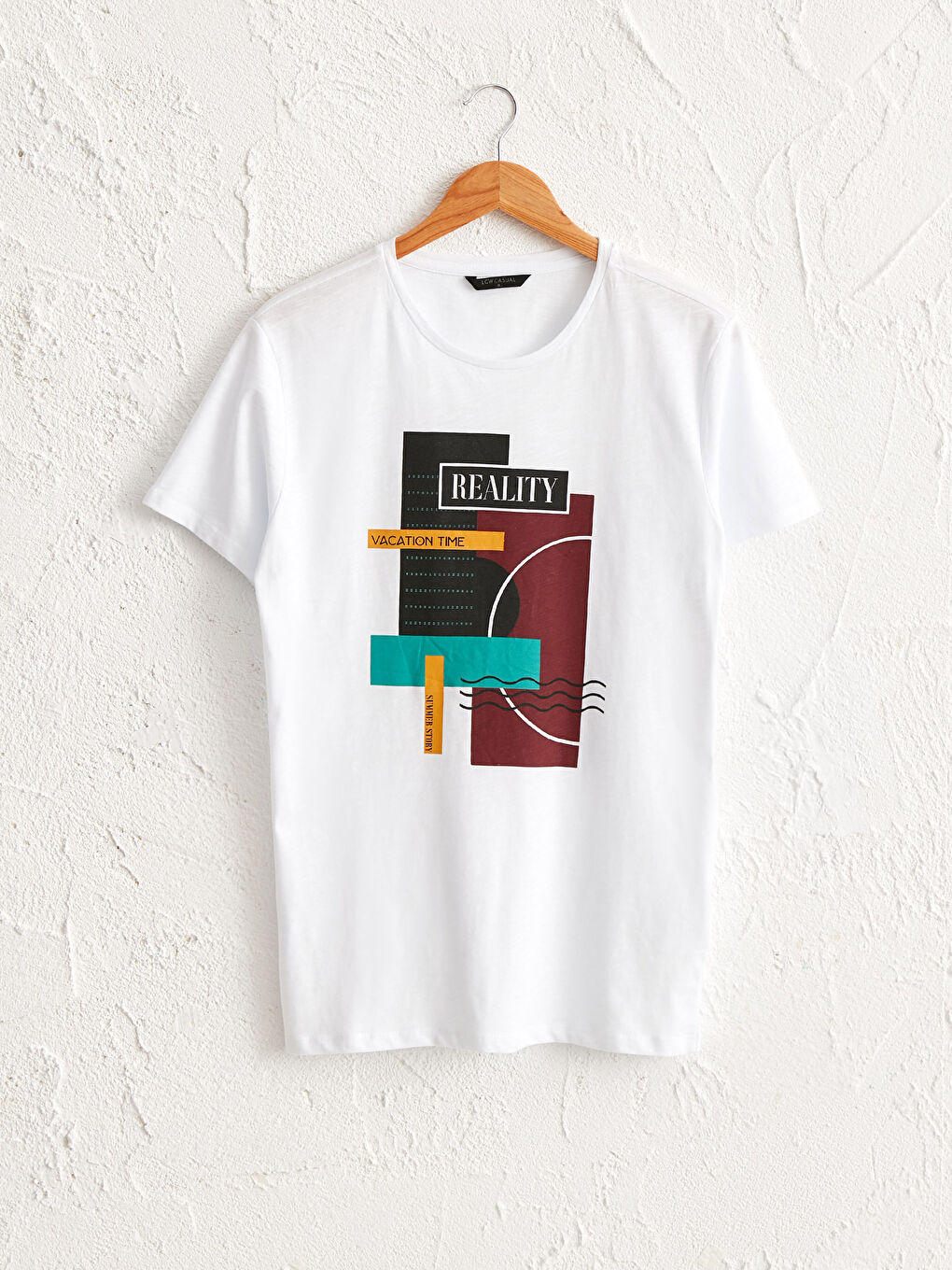 Beyaz Bisiklet Yaka Baskılı Penye Tişört