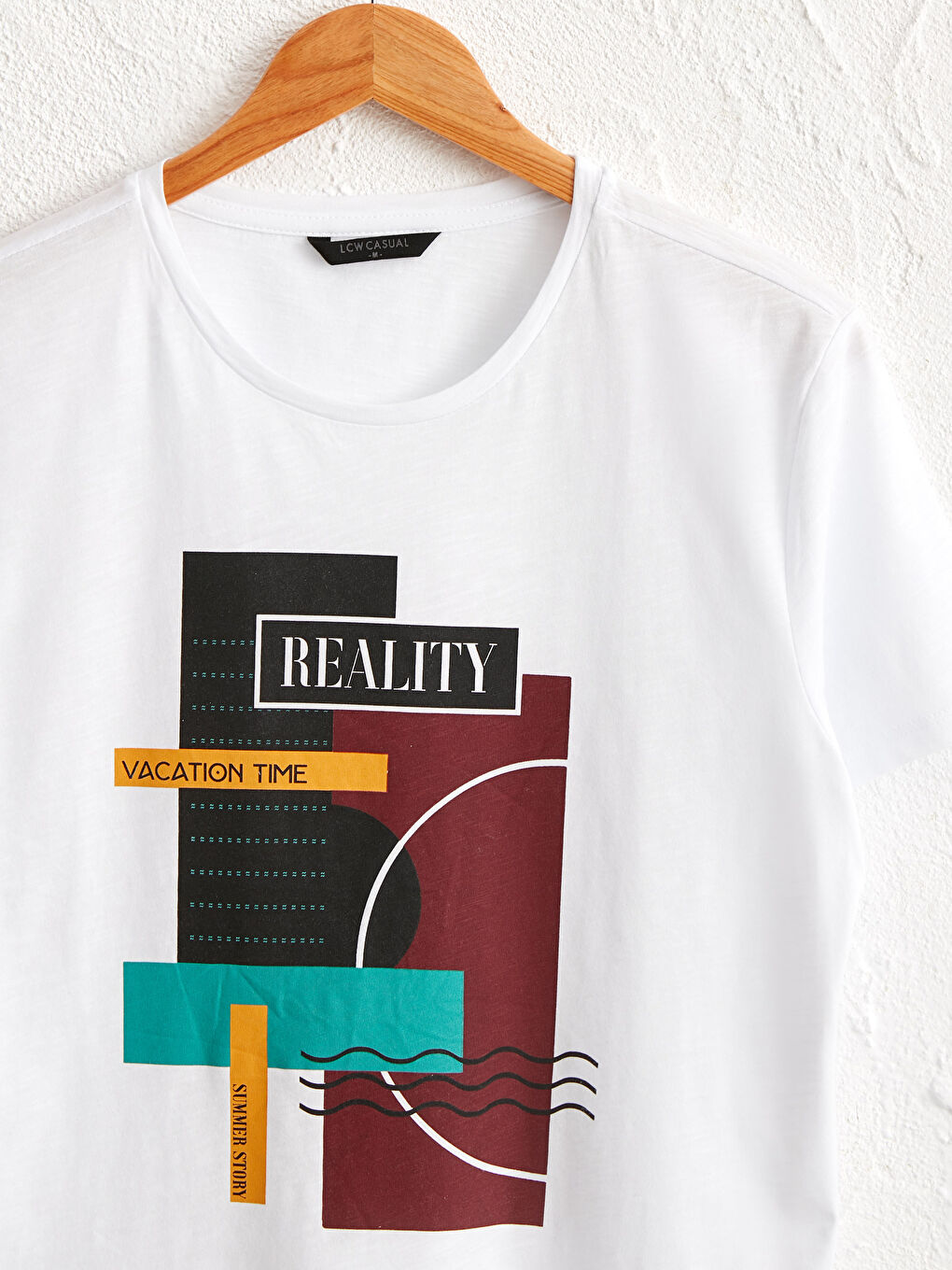 Beyaz Bisiklet Yaka Baskılı Penye Tişört-2