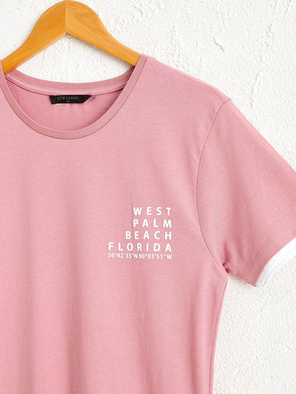 Pembe Bisiklet Yaka Baskılı Tişört-2