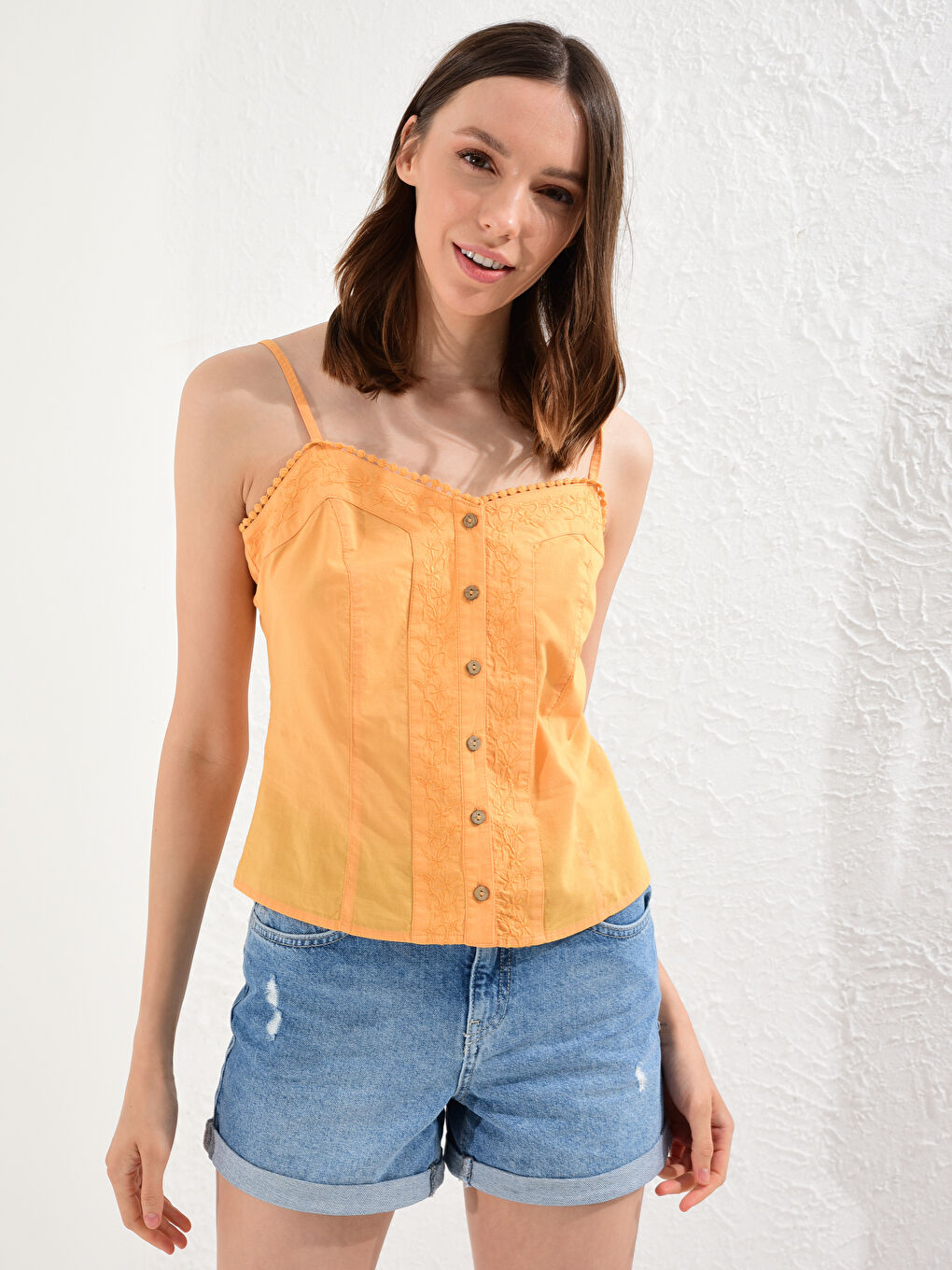 Women's V-Neck Embroidered Strapped Cotton Blouse