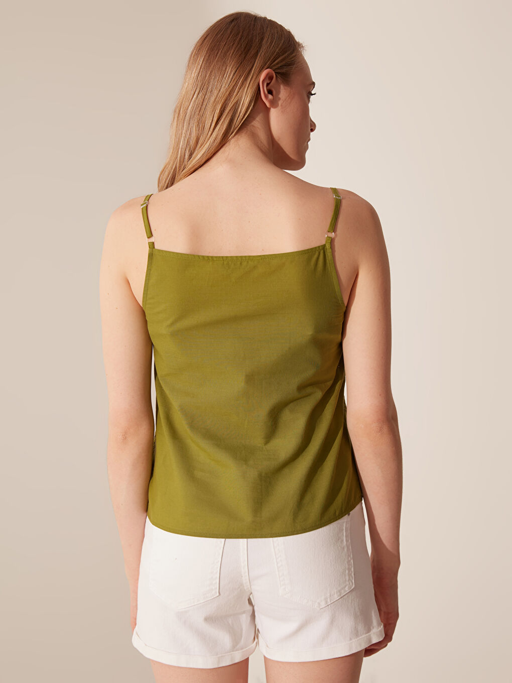 V-Neck Standard Fit Strapless Poplin Women's Scalloped Poplin Blouse-3