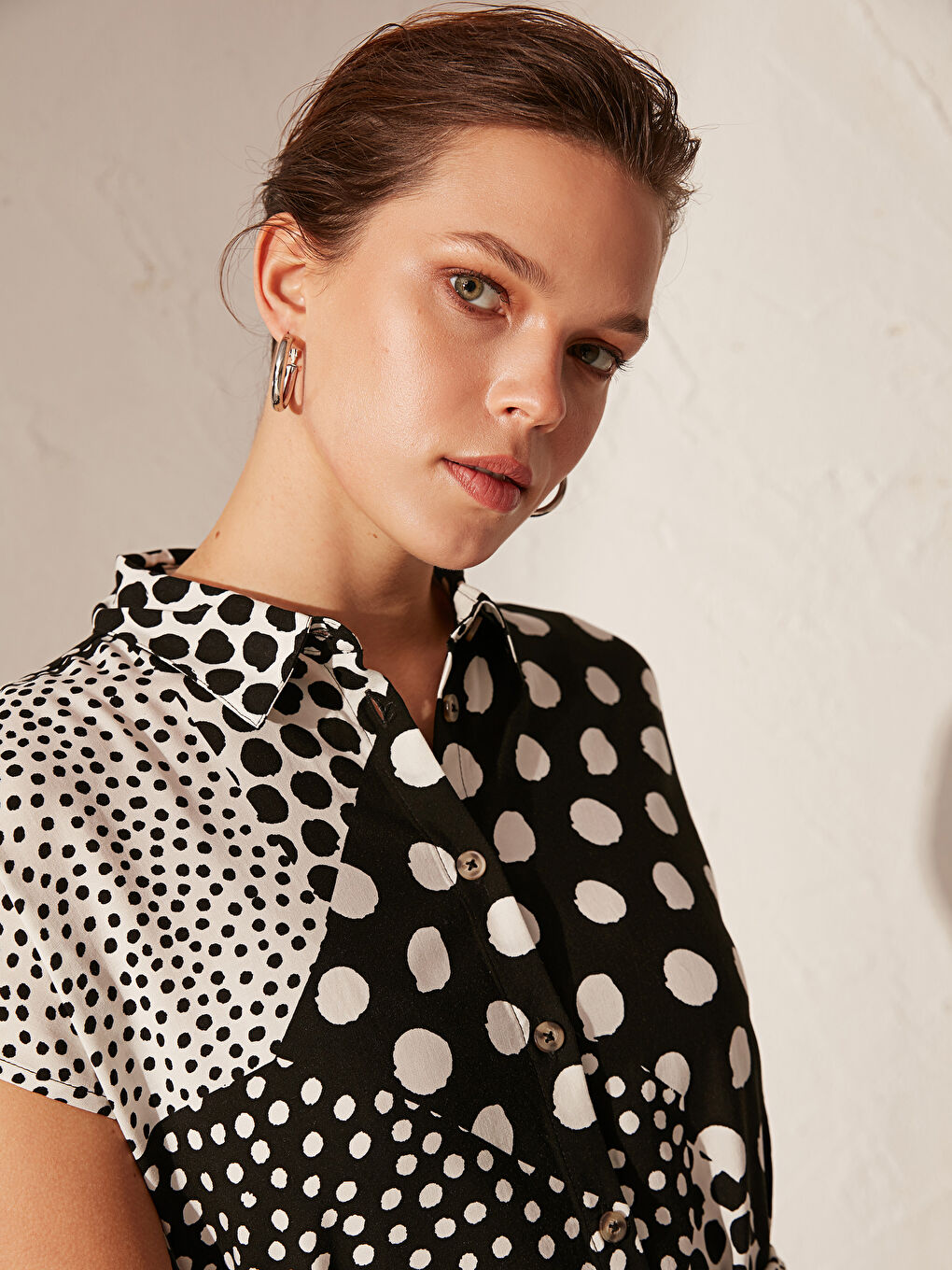 Gri Kuşaklı Desenli Gömlek Gömlek Elbise-5