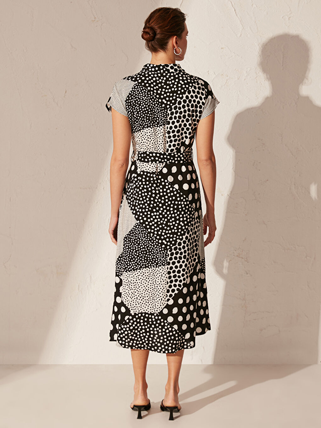 Gri Kuşaklı Desenli Gömlek Gömlek Elbise-3