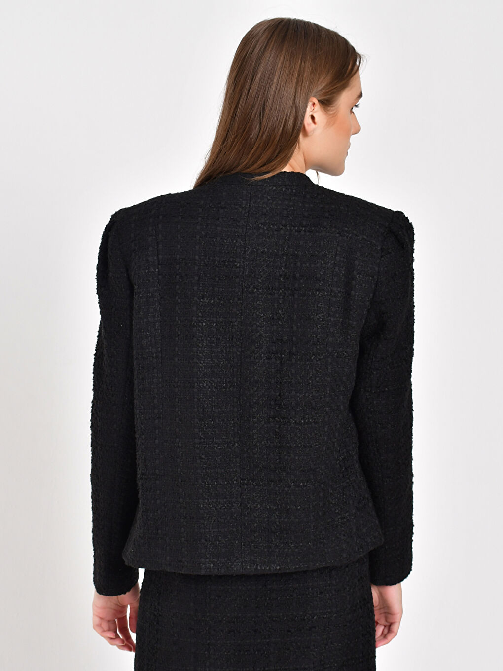 Siyah Önden Düğme Kapamalı Uzun Kollu Kadın Tüvit Ceket-6