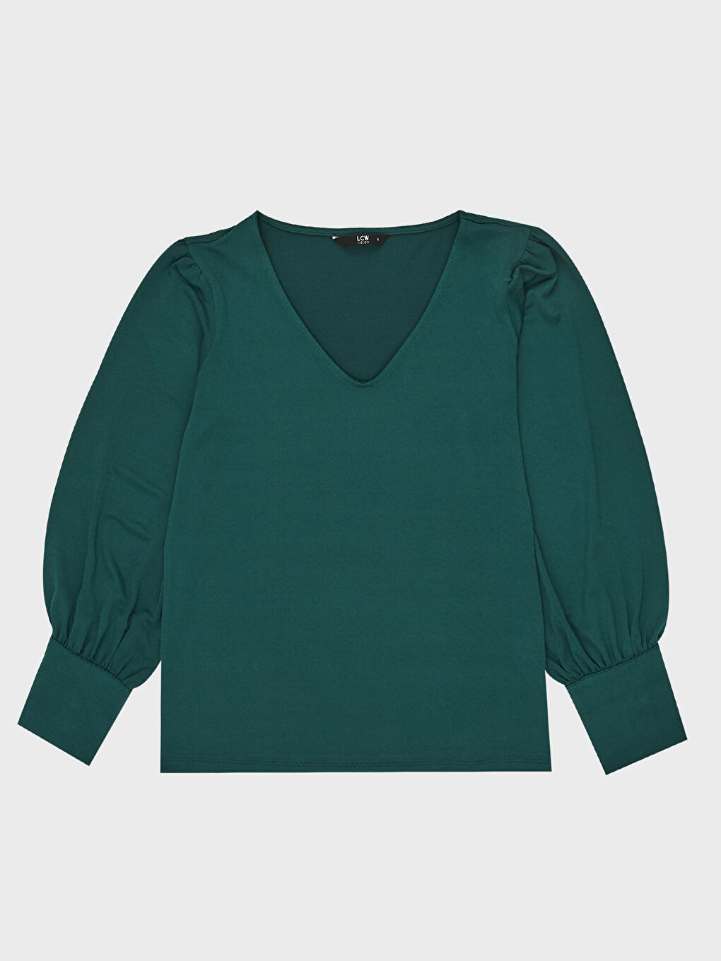 Yeşil V Yaka Düğme Detaylı Balon Kollu Kadın Bluz-4