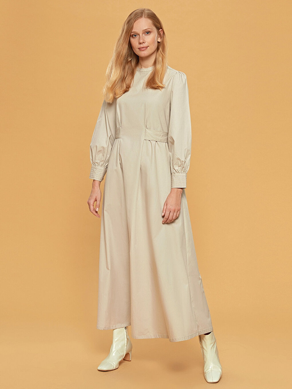 Gri Bisiklet Yaka Uzun Kollu Poplin Kadın Elbise