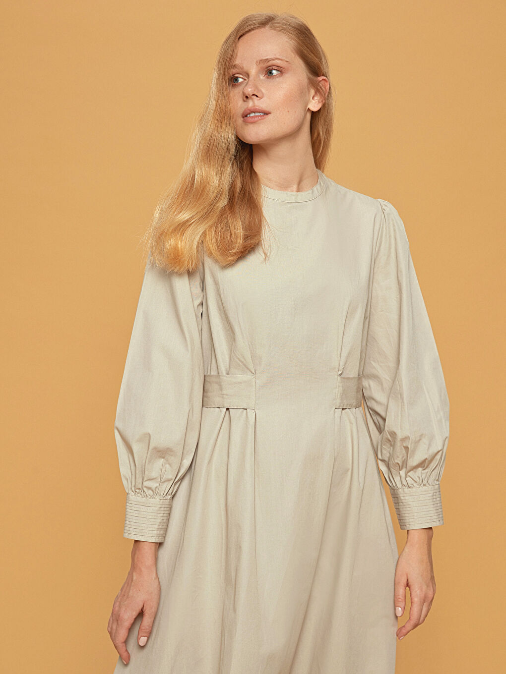 Gri Bisiklet Yaka Uzun Kollu Poplin Kadın Elbise-2