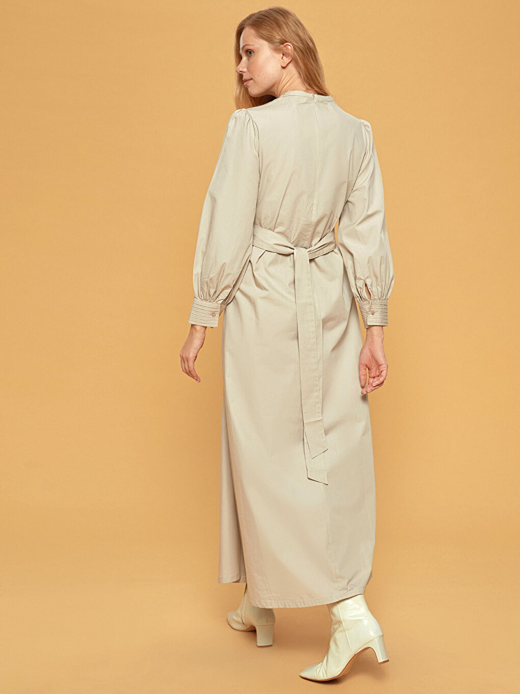 Gri Bisiklet Yaka Uzun Kollu Poplin Kadın Elbise-4