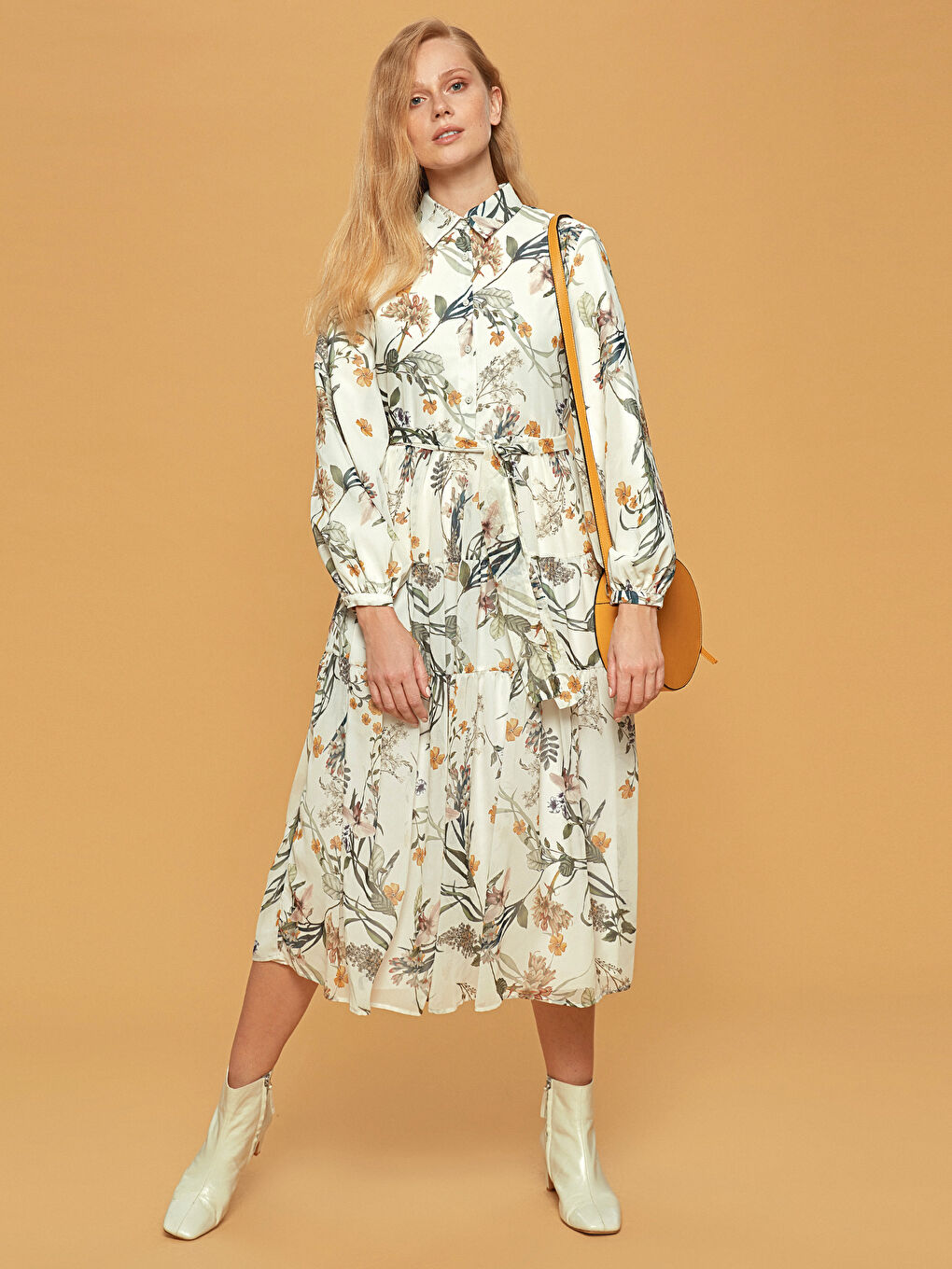 Belted Patterned Chiffon Dress