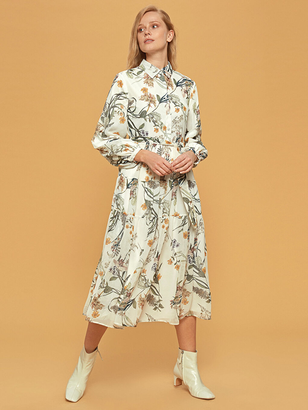 Belted Patterned Chiffon Dress-2