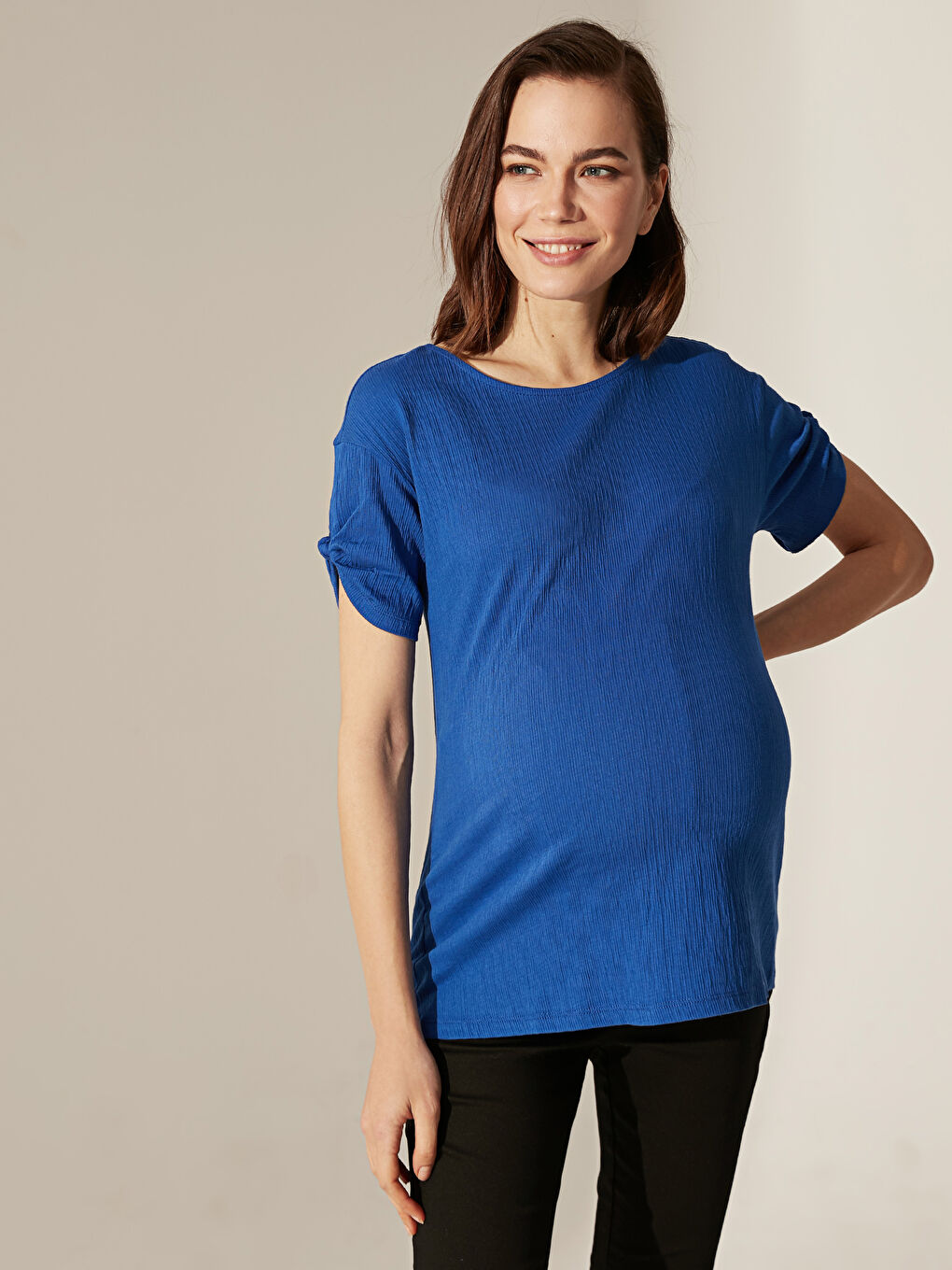 Mavi Bisiklet Yaka Kısa Kollu Hamile Tişört-1