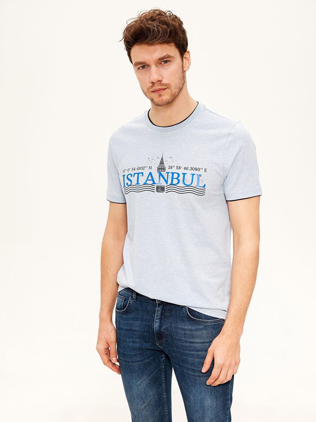 Mavi Penye Erkek Tişört-2