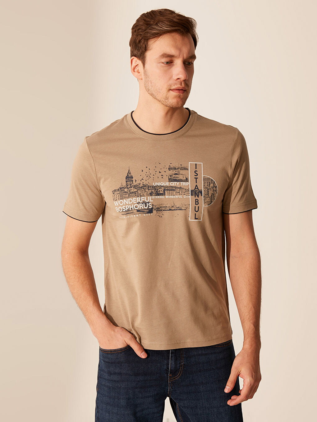 Bej Penye Erkek Tişört-1