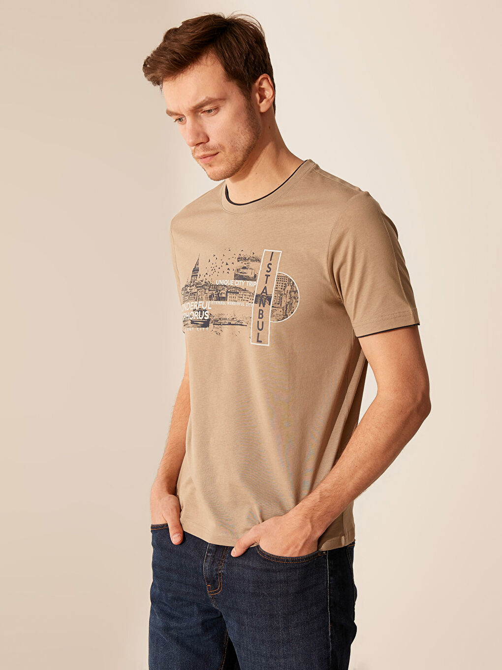 Bej Penye Erkek Tişört-2