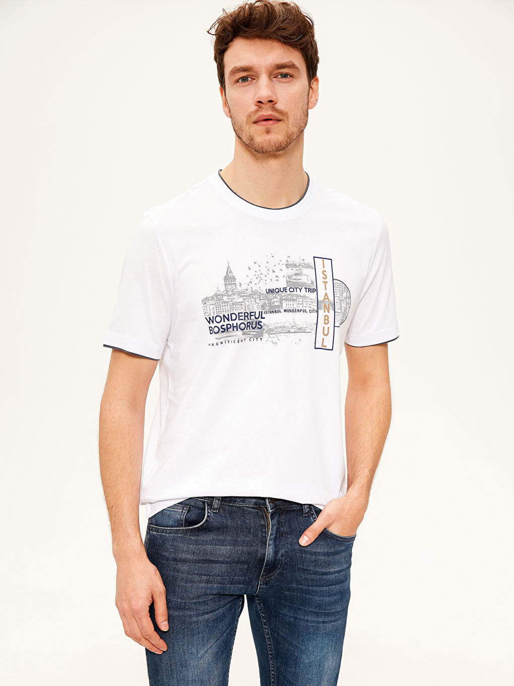 Beyaz Penye Erkek Tişört-2