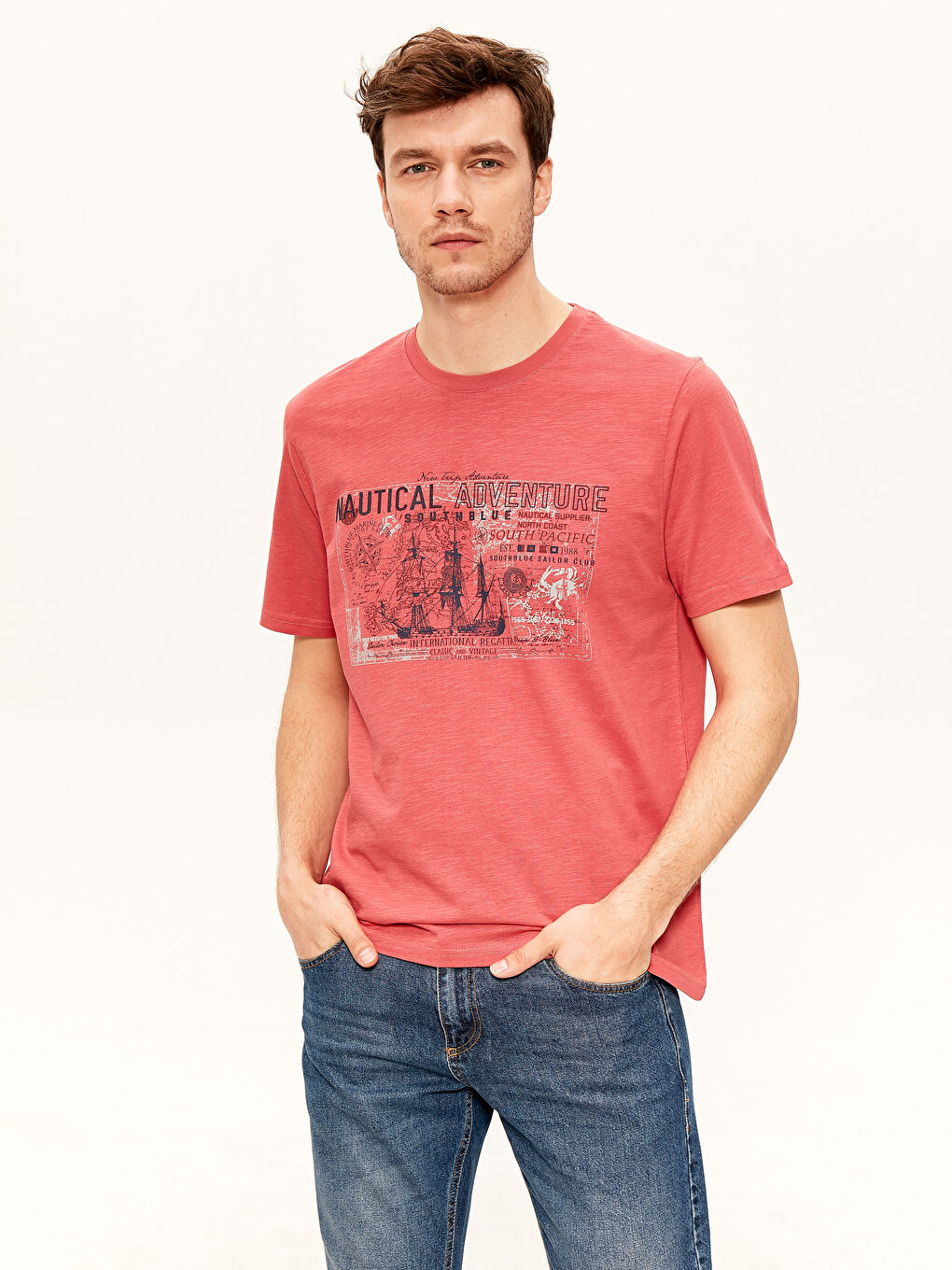 Kırmızı Bisiklet Yaka Baskılı Penye Tişört