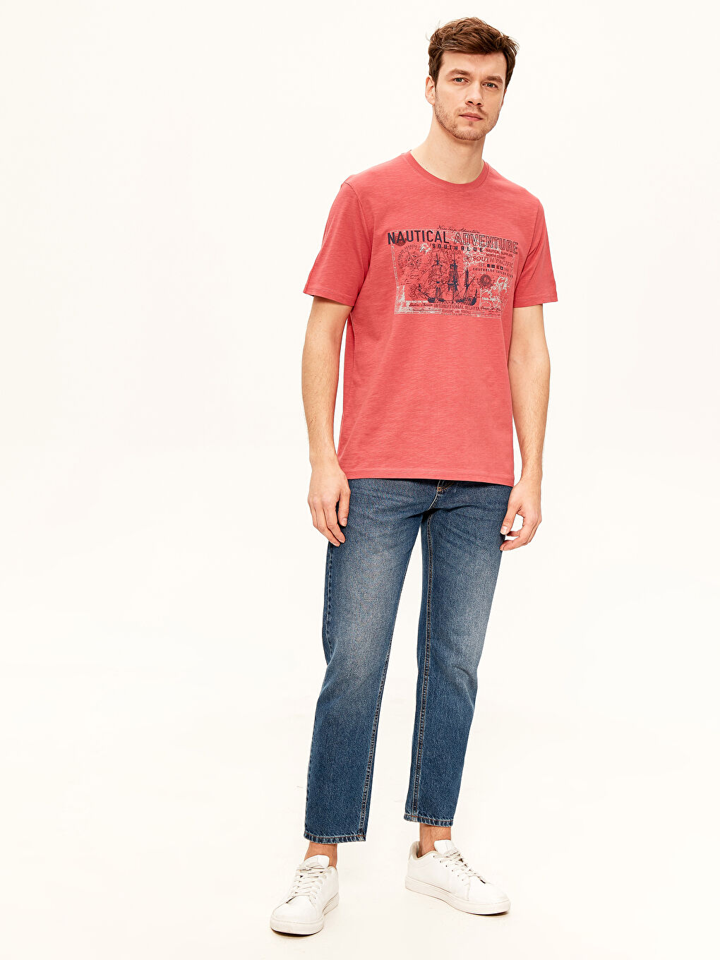 Kırmızı Bisiklet Yaka Baskılı Penye Tişört-3